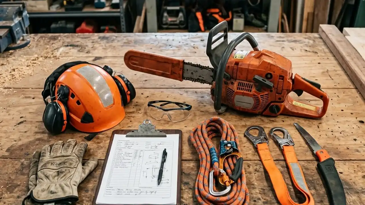 Arborist safety gear and checklist on a workbench