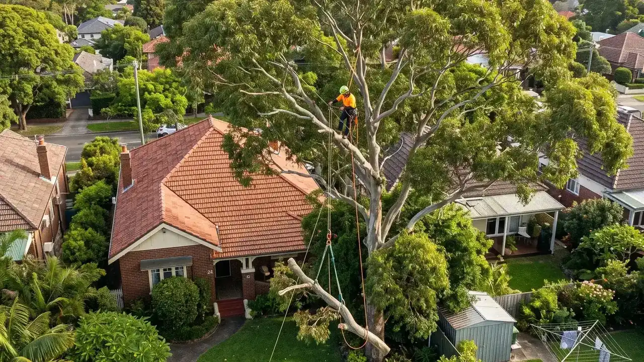 Arborist using ropes to lower a branch during tree work in a Sydney backyard