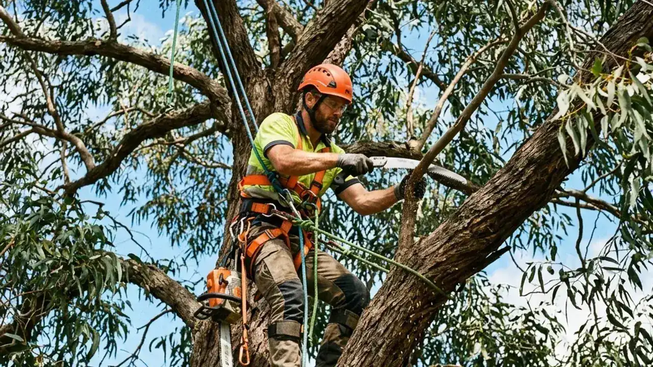 Arborist inspecting a large Sydney tree before pruning work begins