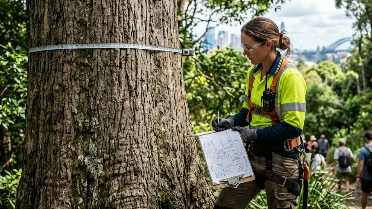 Arborist inspecting a large Sydney tree trunk with notebook