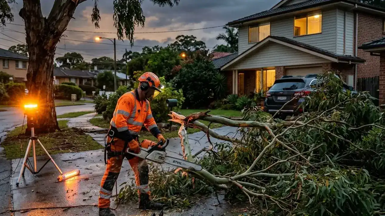 Arborist securing a storm-damaged tree branch at night