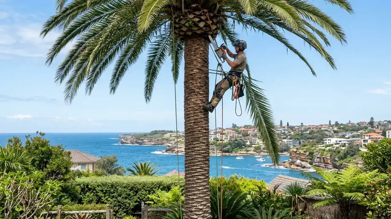 Arborist trimming palm fronds in a Sydney coastal garden