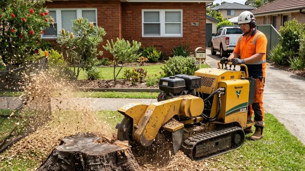 Stump grinder removing a tree stump in a Sydney garden