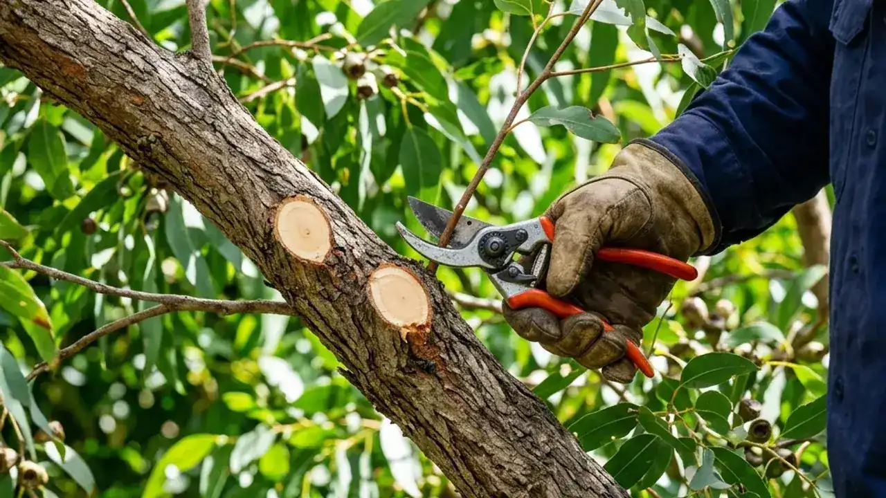 Close-up of clean pruning cuts in a Sydney tree canopy