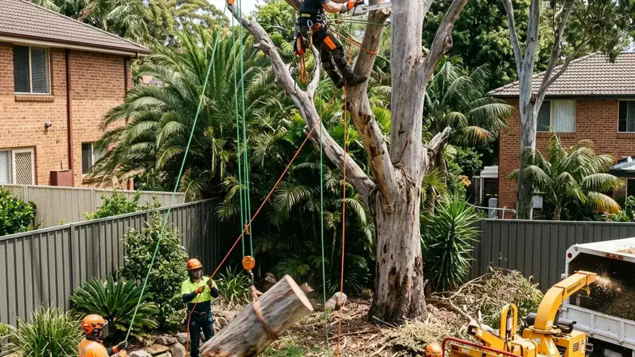 Arborist lowering a large branch with ropes in a Sydney backyard