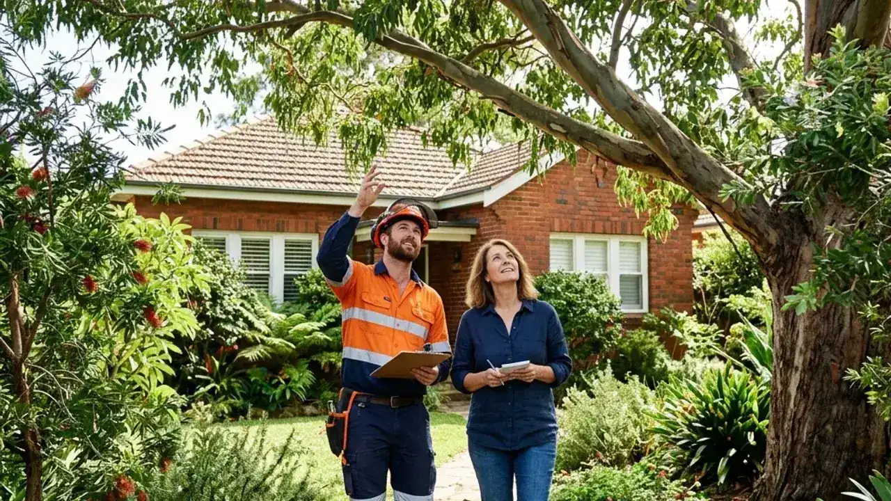 Arborist consulting with a homeowner under a Sydney tree